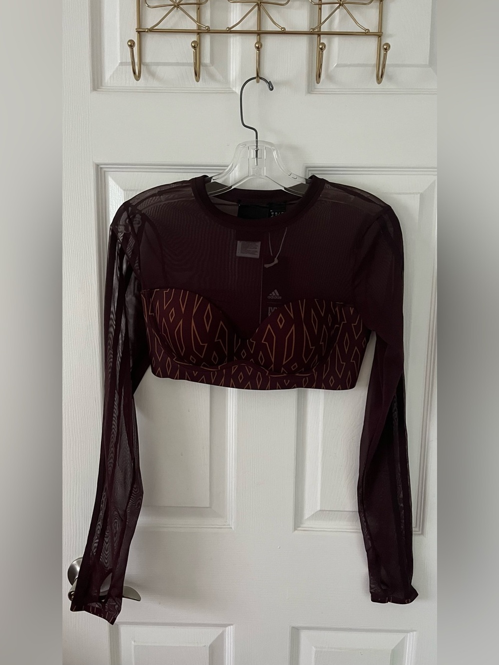 adidas IVY PARK Burgundy Mesh Long-Sleeve Crop Top with Patterned Bust